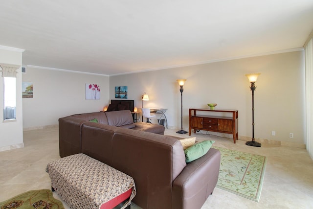 living room with ornamental molding