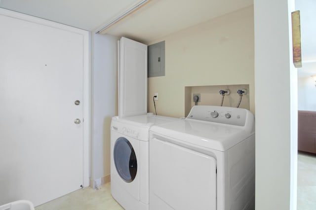 washroom with electric panel and separate washer and dryer