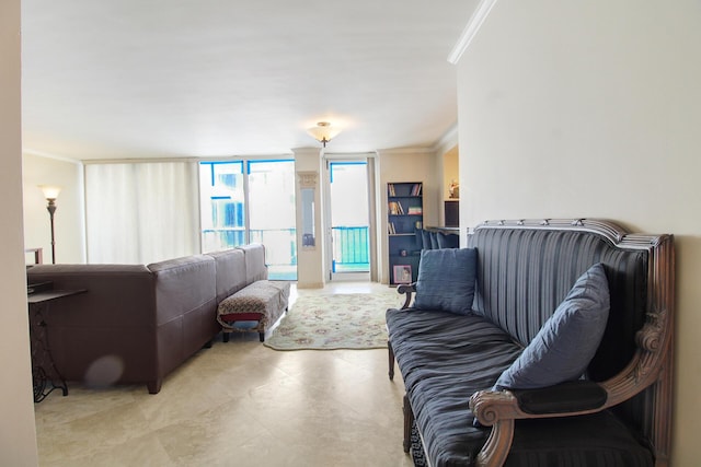 living room featuring crown molding and a wall of windows