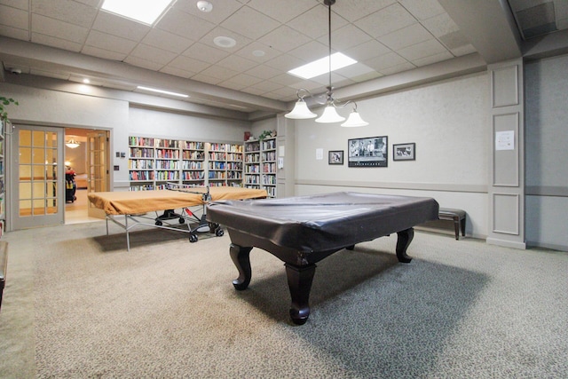 playroom with carpet floors, a drop ceiling, and billiards