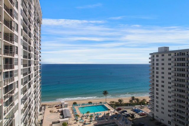 view of water feature with a beach view