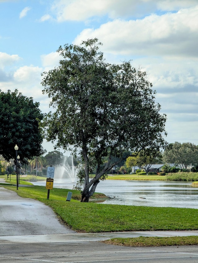 view of home's community featuring a water view and a yard