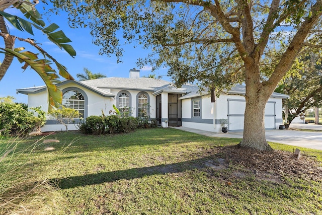 single story home with a garage and a front lawn