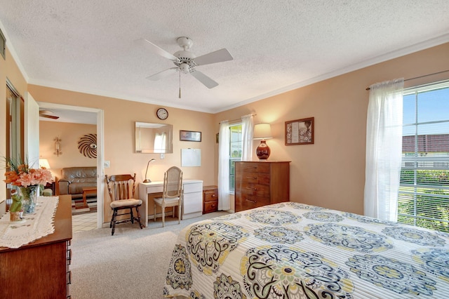 carpeted bedroom featuring ceiling fan, multiple windows, and a textured ceiling