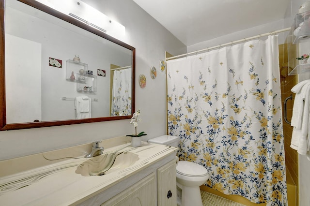 bathroom featuring walk in shower, tile patterned flooring, vanity, and toilet