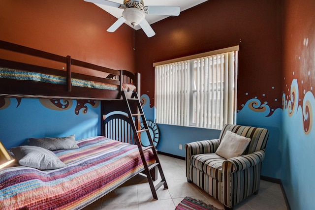 bedroom featuring ceiling fan and light tile patterned flooring