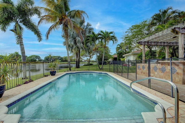 view of pool featuring a water view and a pergola