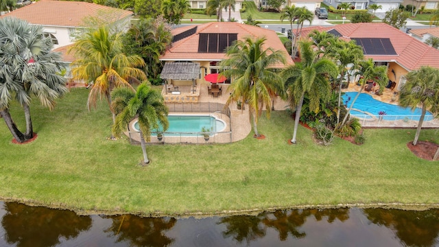 drone / aerial view featuring a water view