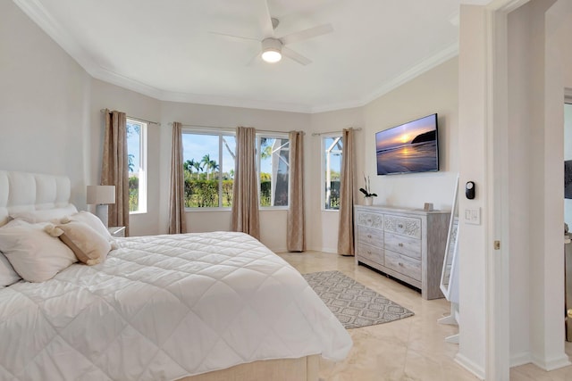 tiled bedroom with ceiling fan and crown molding