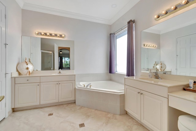 bathroom with vanity, crown molding, and plus walk in shower