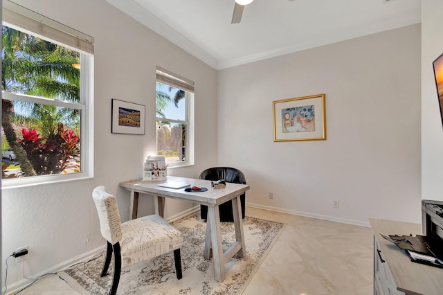 office space featuring ceiling fan and crown molding