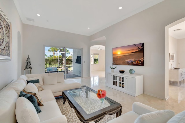 living room with ceiling fan