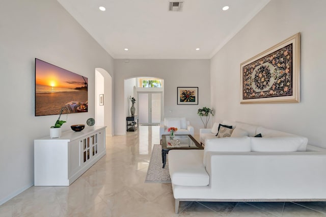 living room with crown molding