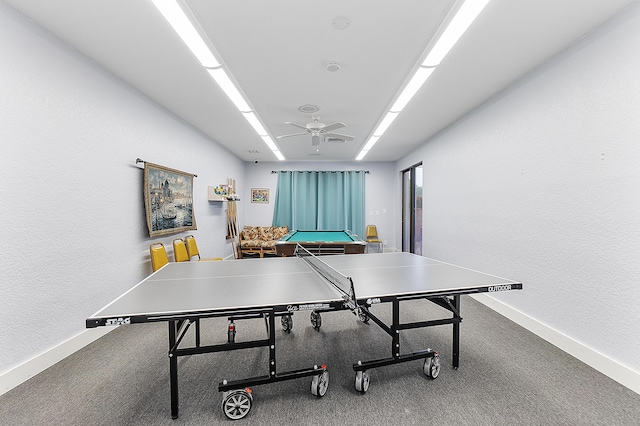 game room with ceiling fan and pool table