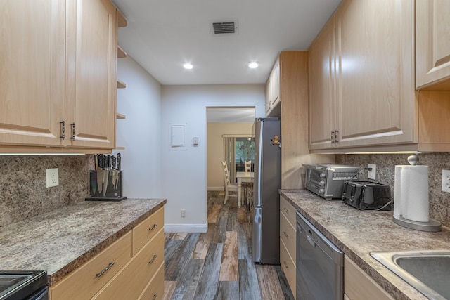 kitchen featuring dishwasher, tasteful backsplash, light brown cabinetry, dark hardwood / wood-style floors, and stainless steel refrigerator