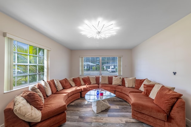 living room featuring a wealth of natural light and hardwood / wood-style flooring