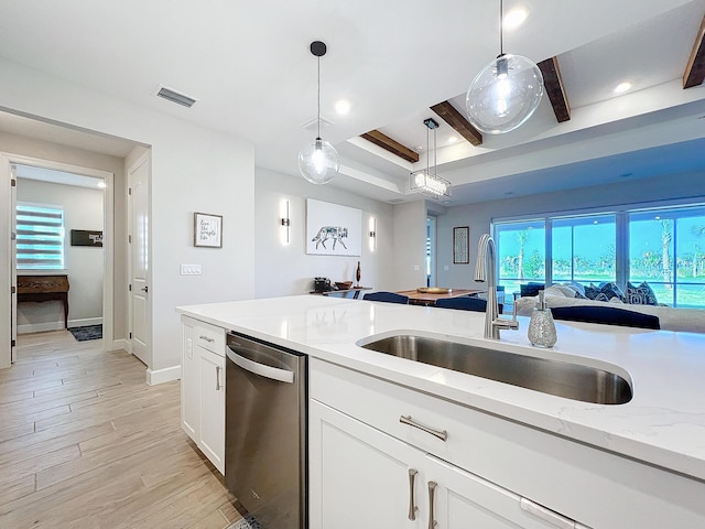 kitchen featuring pendant lighting, sink, stainless steel dishwasher, and white cabinets