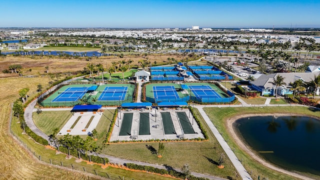 drone / aerial view with a water view