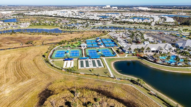 drone / aerial view with a water view