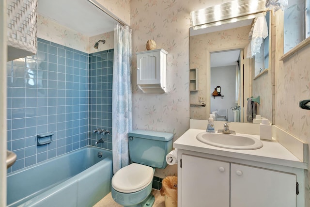 full bathroom featuring vanity, shower / bath combination with curtain, and toilet