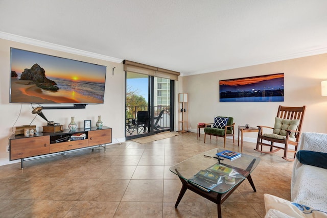 living room with light tile patterned floors and crown molding