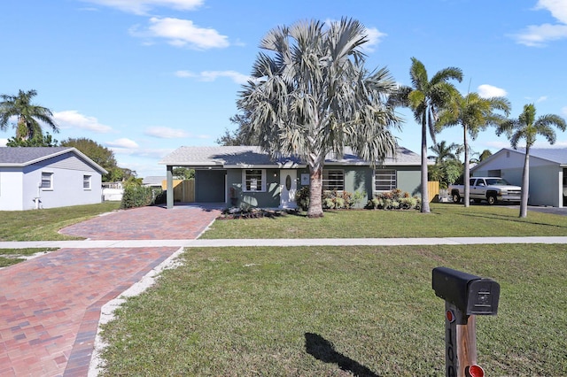 view of front of home with a carport and a front lawn