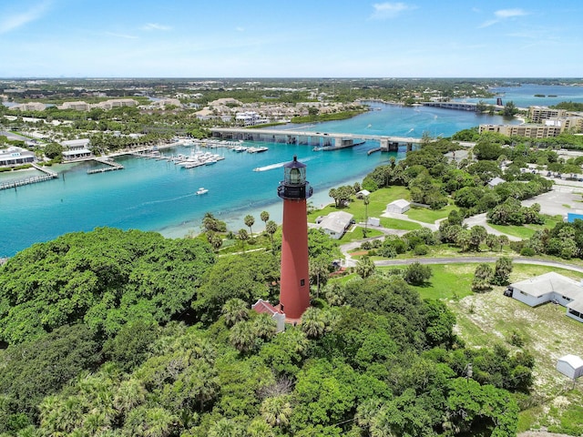 bird's eye view with a water view