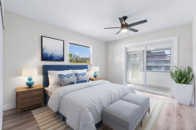 bedroom with ceiling fan, light hardwood / wood-style floors, and access to exterior