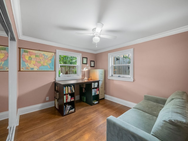 office featuring ceiling fan, wood-type flooring, and crown molding