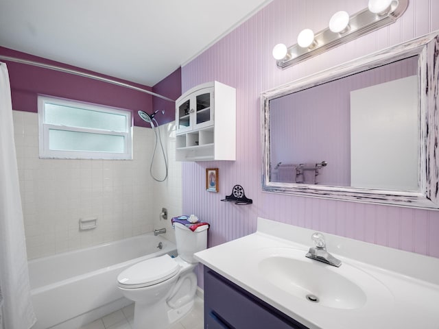 full bathroom featuring tile patterned floors, shower / bath combination with curtain, toilet, and vanity