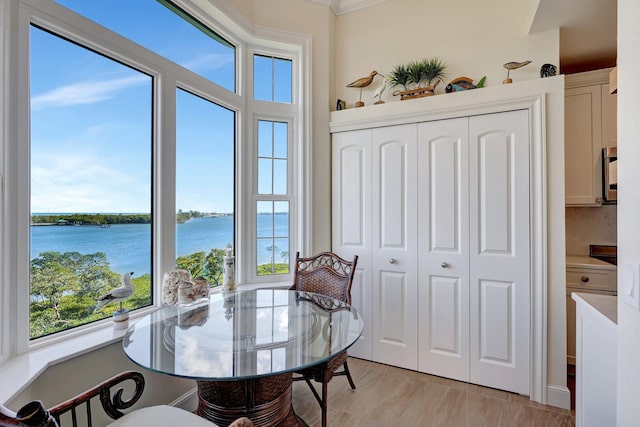 dining area featuring a wealth of natural light and a water view