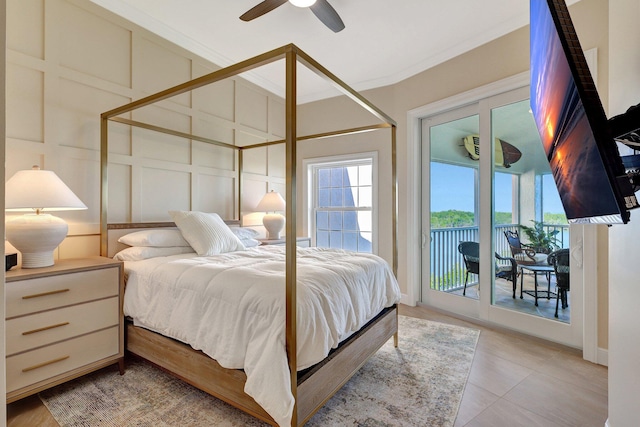 bedroom with access to exterior, ceiling fan, light tile patterned floors, and ornamental molding