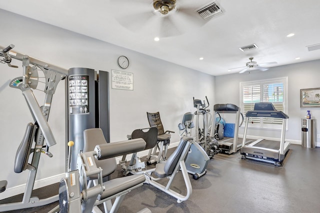 workout room with ceiling fan