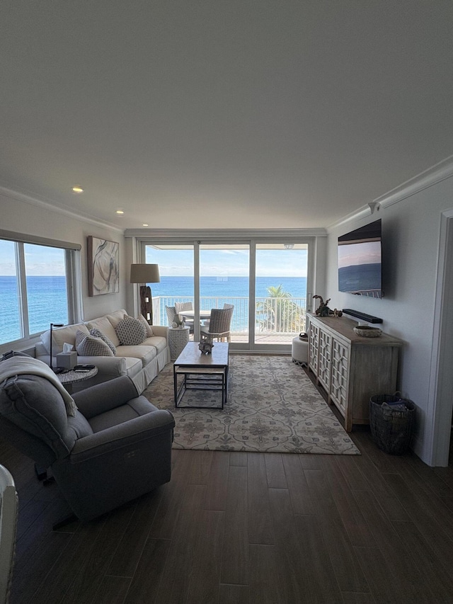 living room featuring crown molding, a water view, dark hardwood / wood-style floors, and a wall of windows