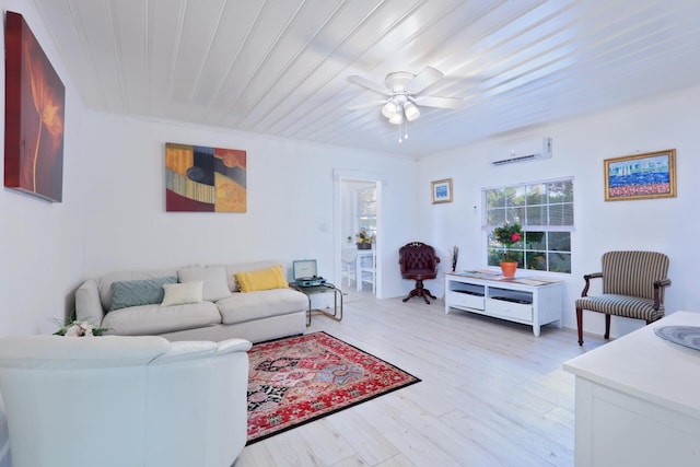 living room with light wood-type flooring, a wall unit AC, ceiling fan, and wooden ceiling