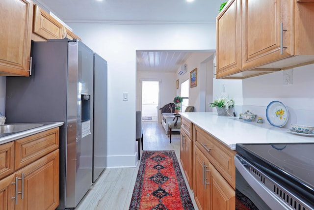 kitchen featuring stainless steel refrigerator with ice dispenser and light wood-type flooring