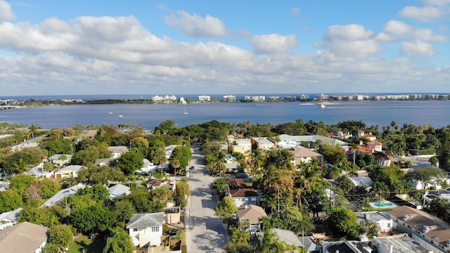 drone / aerial view with a water view