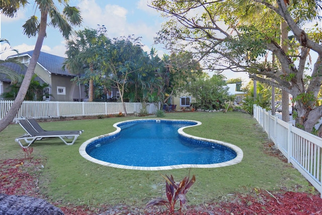 view of swimming pool featuring a lawn