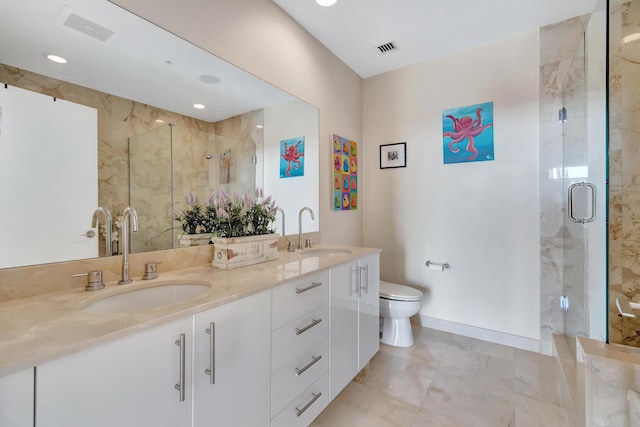 bathroom featuring walk in shower, vanity, and toilet