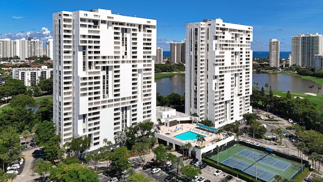 view of building exterior featuring a water view