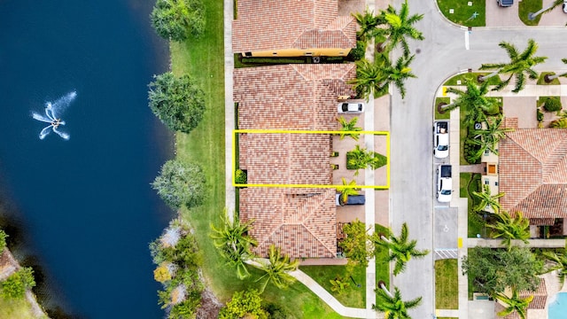 drone / aerial view featuring a water view