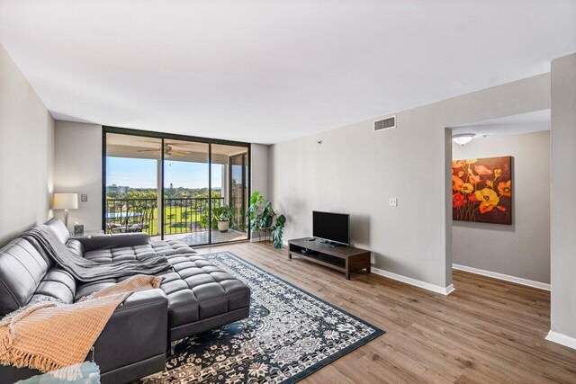 living room with hardwood / wood-style floors and expansive windows