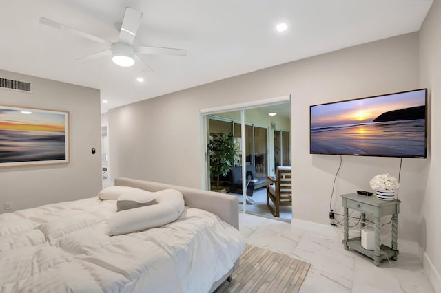 bedroom with ceiling fan and access to exterior