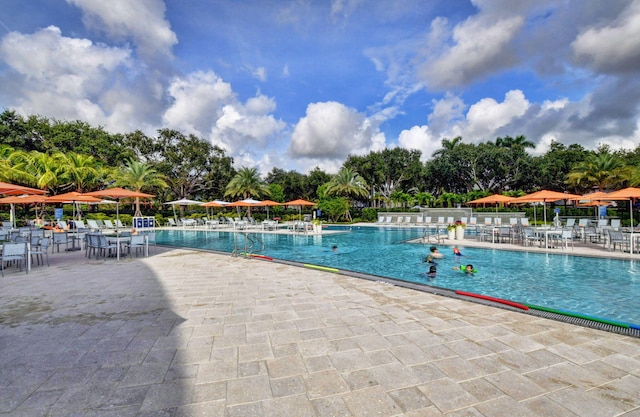 view of swimming pool featuring a patio area