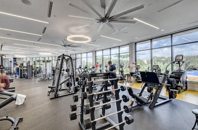 gym featuring ceiling fan, a wall of windows, and plenty of natural light