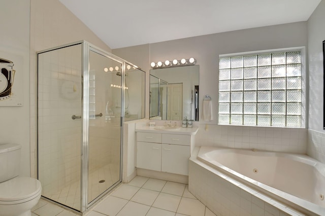 full bathroom with tile patterned flooring, vanity, vaulted ceiling, and plenty of natural light