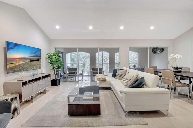 living room with light hardwood / wood-style flooring and vaulted ceiling