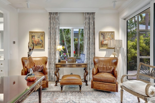 sitting room with ornamental molding and plenty of natural light