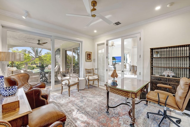 home office with french doors and crown molding