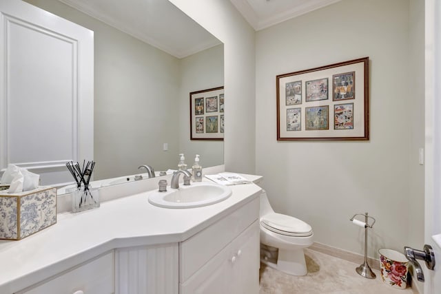 bathroom with tile patterned flooring, crown molding, vanity, and toilet